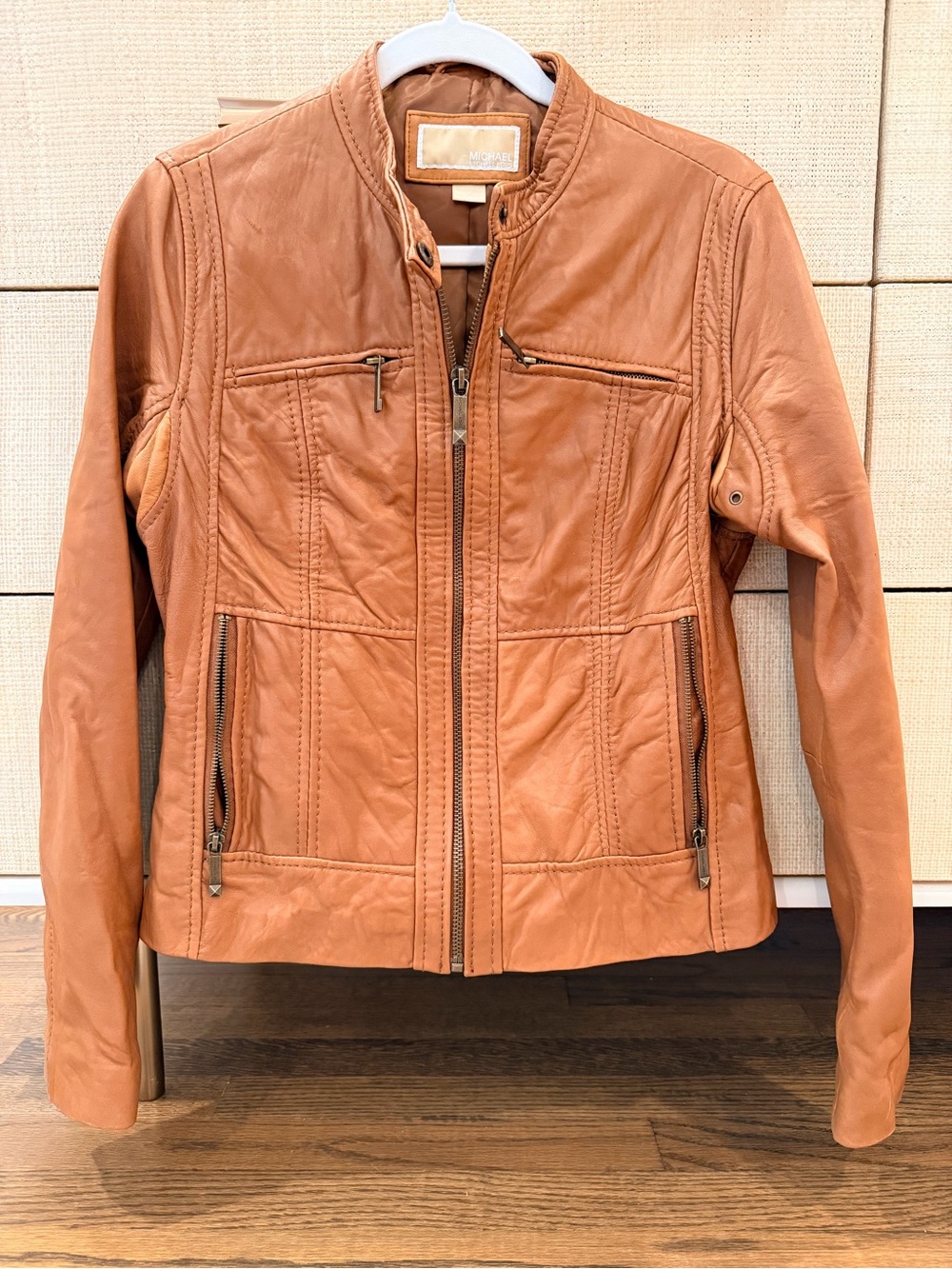 Michael Kors Women’s Soft Leather Moto Full Zip Brown Tan Jacket Size Medium